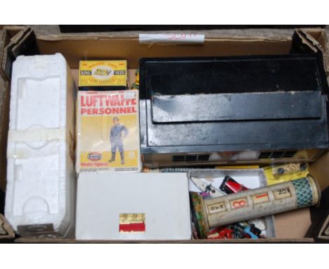 A box containing a quantity of mixed tinplate diecast and white metal model miniatures to include a Dinky Toys No. 771 Intern