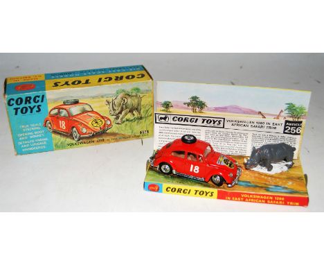 A Corgi Toys No. 256 Volkswagen 1200 Safari set comprising of Volkswagen 1200 saloon finished in red with spun hubs and brown