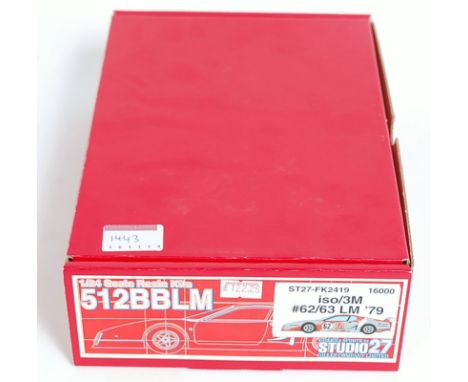 A Studio 27 of Gilles Company Ltd 1/24 scale boxed resin kit model of a 512BBLM 1979 racing car, kit No. 16000, appears as is