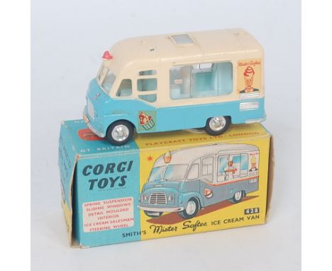 Corgi Toys, 428, Mister Softees Ice Cream Van, comprising cream and light blue body, with spun hubs, in the original blue and