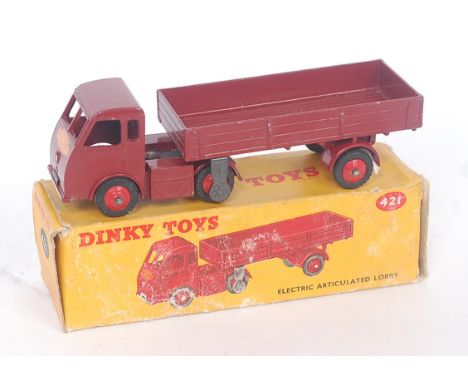 Dinky Toys, 421, Electric Articulated Lorry, maroon body with red hubs, with BR Livery, in the original all card box (VG-BFG)