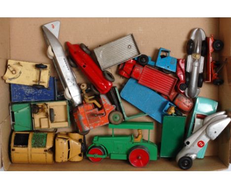 One tray containing a quantity of various playworn Dinky Toy diecasts to include a No. 143 Ford Capri, Bedford refuse wagon, 