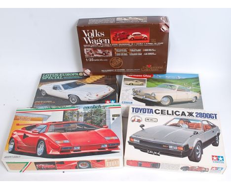 Five various mixed scale plastic and white metal classic car kits all appear as issued, to include a Fujimi Countach 5000 Qua