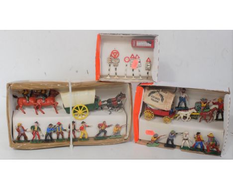 A collection of various loose plastic lead hollow cast and diecast cowboys and Indians roadside accessories and diecast motor