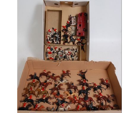 Two trays containing a large quantity of various Britains Hunt series, figurines and accessories, some examples over painted 