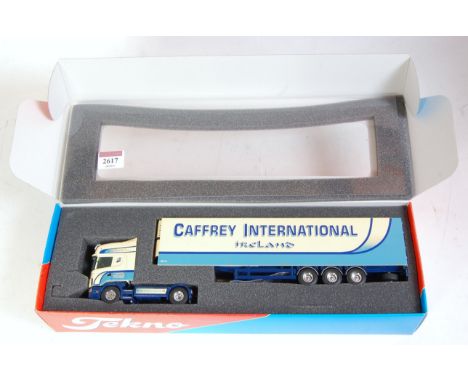 A Tekno 1/50 scale model of a Caffrey International of Ireland Scania 530 Topline tractor unit with refrigerated trailer, app