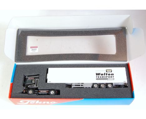 A Tekno 1/50 scale model of a Walton Transport Scania 480 Topline tractor unit with Walton Transport Refrigerated trailer, ap