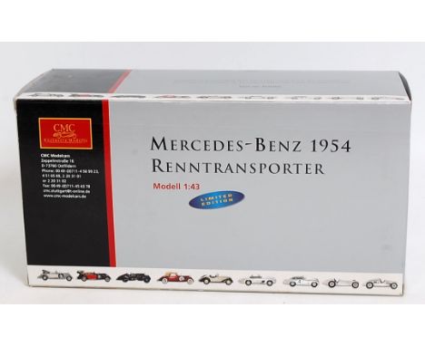 A CMC Exclusive Models No. M-036K Mercedes Benz 1954 car transporter, comprising of blue body with silver detailing, appears 
