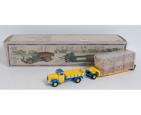 An NZG No. 629/02 boxed 1/50 scale model of a Scania L60 tractor unit with Nooteboom ADU 32VV flat bed trailer, housed in the