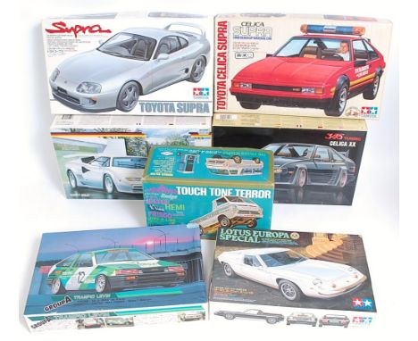 Seven various boxed Classic Racing Cars and Van 1/24 scale plastic kit group, mixed manufacturers to include Tamiya Fujimi an