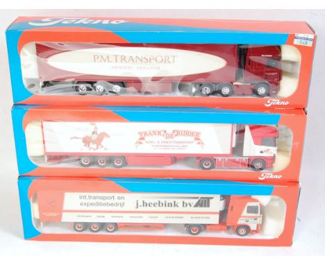 A Tekno 1/50 scale boxed road transport diecast group to include a PM Transport DAF XF 530 with refrigerated trailer, a J Hee