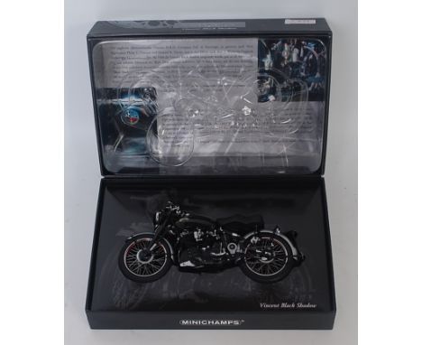 A Minichamps 1/12 scale model of a Vincent Black Shadow motorcycle, appears as issued in the original lift-up lid all-card bo