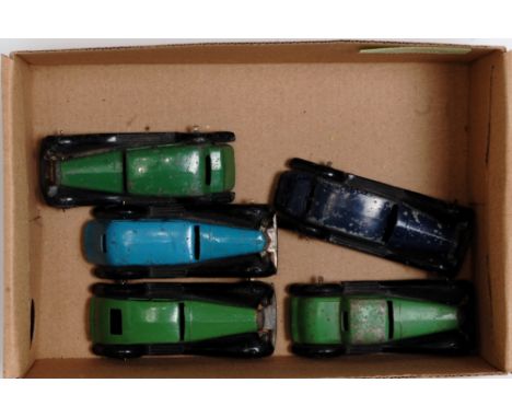 Five various loose Dinky Toy playworn saloons to include a Dinky Toys No. 30C Daimler finished in green, a Dinky Toys No. 36A