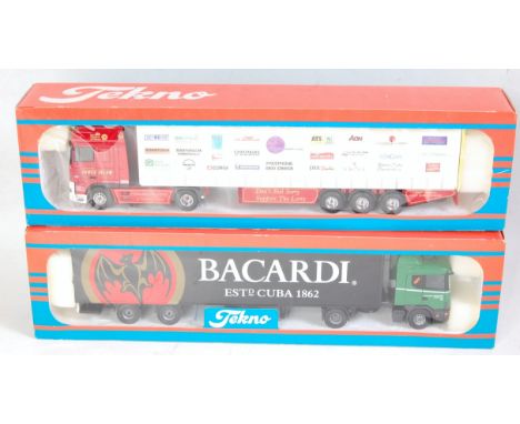 A Tekno 1/50 scale boxed road haulage diecast group to include a Schouten Transport Scania tractor unit and Bacardi box lorry