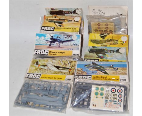 Nine various bagged Frog 1/72 scale plastic aircraft kits, to include De Havilland Vampire Mk5, Hawker Tempest Mk5, Messersch