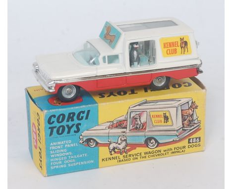 A Corgi Toys No. 486 Chevrolet and Parlour Kennel service wagon with four dogs, finished in red and white with chrome detaili
