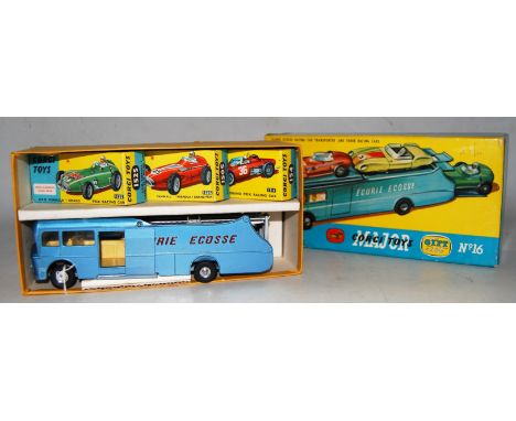 A Corgi Major gift set No. 16 Ecurie Ecosse racing car transporter with three cars, comprising metallic light blue body with 