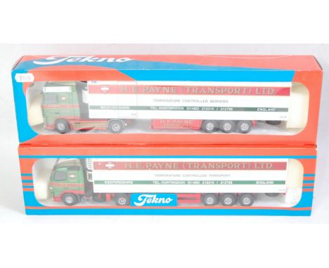 A Tekno 1/50 scale road transport diecast group both HE Payne Transport Ltd examples to include a Volvo FH12 tractor unit wit