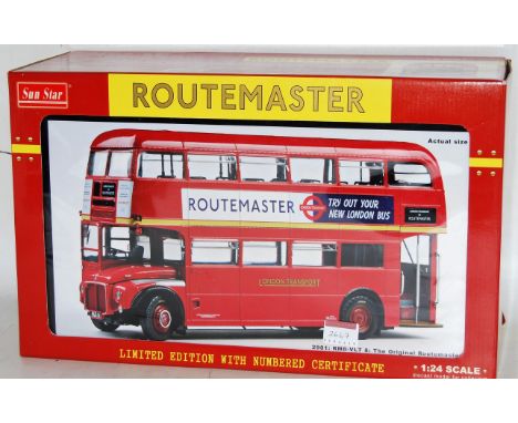 A Sunstar 1/24 scale diecast model of a Routemaster RM8-VLT8, the original Routemaster bus, finished in red with London Trans