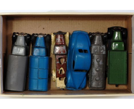 A Dinky Toys loose playworn and repainted diecast group to include a repainted No. 39C Lincoln Zephyr finished in light blue,