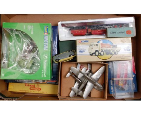 One box containing a quantity of mixed boxed and loose diecast to include Corgi Classics, Revell, Triang Railways and various