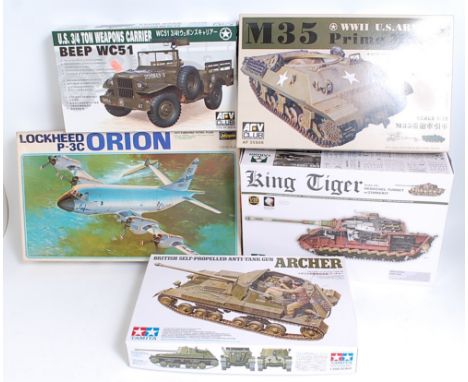 Ten various boxed mixed scale plastic military kits to include vehicles and aircraft examples to include a Takom V2 rocket Ha