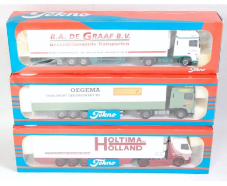 A Tekno 1/50 scale boxed road haulage diecast group to include a Holtima Volvo 520 tractor unit with refrigerated trailer, an