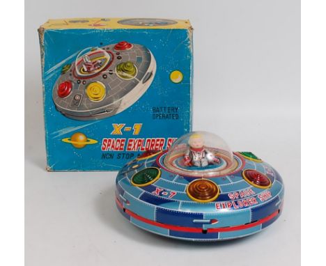 A Modern Toys of Japan tin plate and battery operated model of an X-1 Space Explorer Ship, comprising of two-tone blue and re