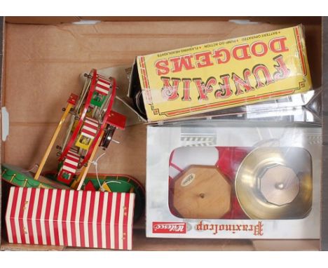 A quantity of various tinplate and plastic model funfair amusement models to include a plastic battery operated Dodgems gift 