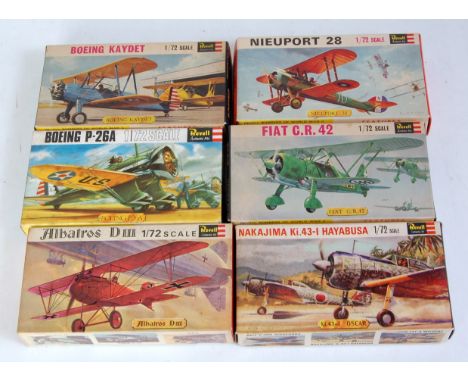 Six various boxed Revell 1/72 scale plastic aircraft kits to include a Fiat CR42, a Boeing Kaydet, a Boeing P26A, together wi