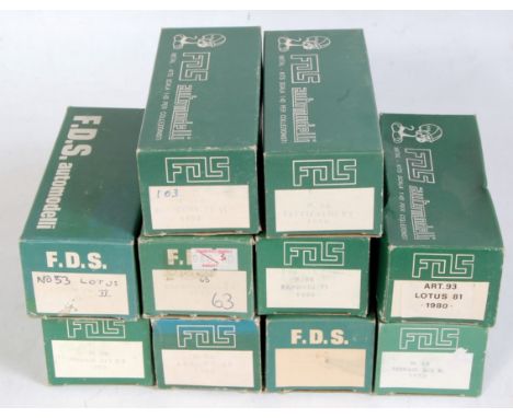 Ten various boxed as issued FDS 1/43 scale white metal classic car and racing car kits, to include a Lotus 1981 racing car, a
