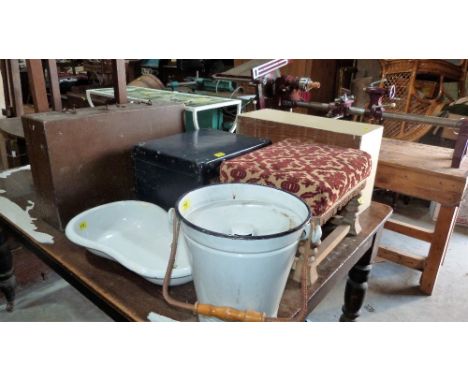 An enamel pail, a stool and other items