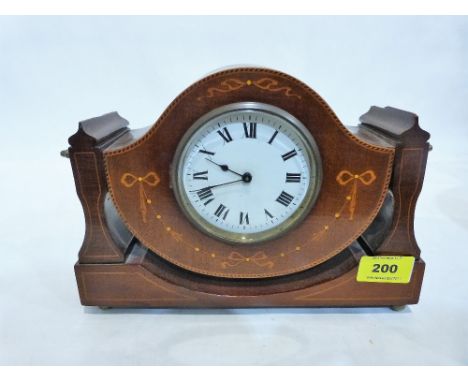 An Edward VII mahogany and inlaid mantle clock with French drum movement and swing action case. 10'' wide
