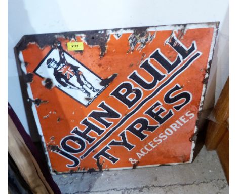 An enamel advertising sign for John Bull Tyres & Accessories. 20'' x 20''