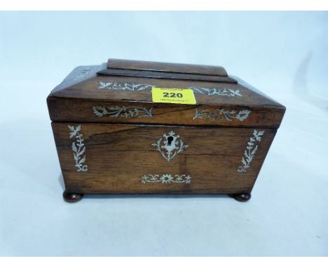 A Regency rosewood sarcophagus tea caddy, inlaid with mother-of-pearl. 8½'' wide