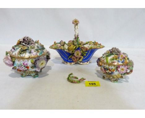 Three items of Dresden type porcelain, gilded and richly decorated with encrustations of applied flowers. Faults, losses