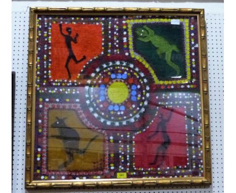 BILLY BONES. 20th CENTURY ABORIGINAL: A tapestry panel, embroidered with figures, lizard and kangaroo, painted details. Signe