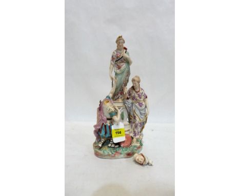 A Dresden type figure group, gilded and decorated in coloured enamels with painted and applied flowers. 13'' high. Faults, lo