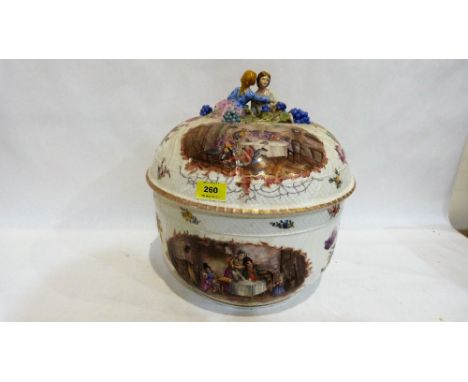 A 19th century Meissen or Dresden tureen and cover finely painted in coloured enamels with vignettes of tavern interiors and 