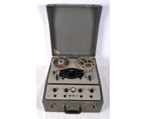 A Brenell Mark 5 S2 reel to reel recorder, serial no.15267, 200/250 volts, contained within a grey carry case with black hand