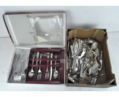 A quantity of vintage and modern silver plated and stainless steel flatware, together with an Art Noveau style hairbrush, gla