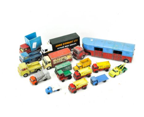 A group of play worn die-cast vehicles, by Corgi and Matchbox, among others, including an articulated horse box and a dodge w