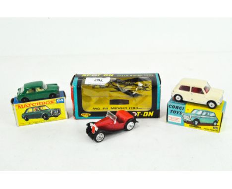 A Matchbox no. 64 M.G. 1100, Corgi no. 226 Morris Mini-Minor, Corgi (re-painted) and a Tri-ang Spot-on no. 279 MG PB Midget (