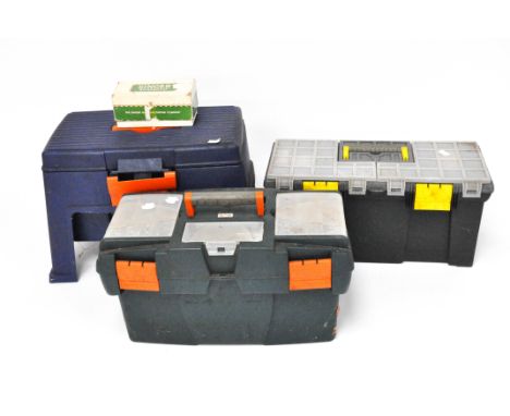 Three large plastic tool boxes and tools, including drill bits, screws, wooden hand tools etc