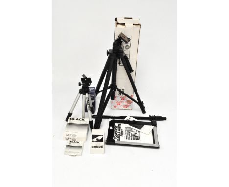 A group of camera accessories including a Slik tripod, a Jessop darkroom safelight red, an exposure monitor, a large Velbon t