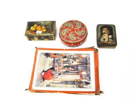 A box of vintage jigsaw puzzles, and three vintage biscuit tins (Huntley &amp; Palmer and Cadbury)