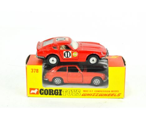 Corgi Toys no. 378 MGC G.T. Competition Model, red body, mat black bonnet, black interior, Whizzwheel hubs, with suitcase, in