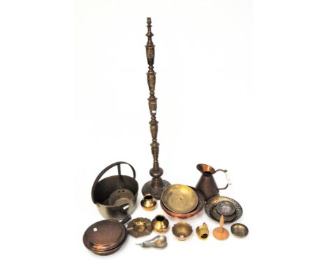 A collection of brass and copper, to include a tall lamp base with moulded decoration of birds, jugs, buckets, pans and more