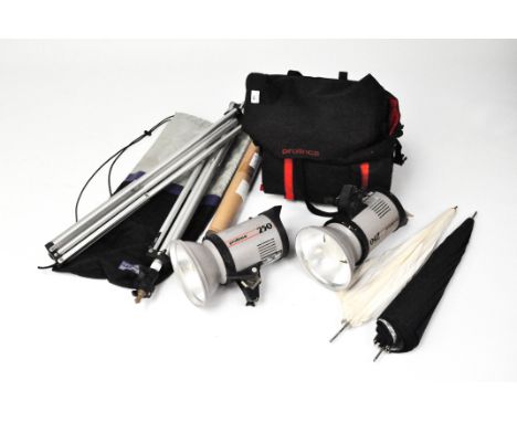 Two portaflash studio lighting stands, two Prolinca 250 lights a in carry case, and more
