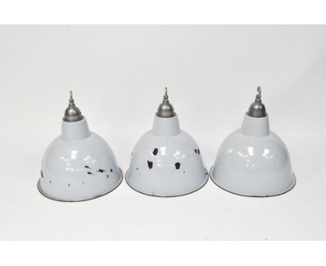 Three vintage style baby blue enamel industrial ceiling light shades with white enamel interior and chrome suspension hooks, 